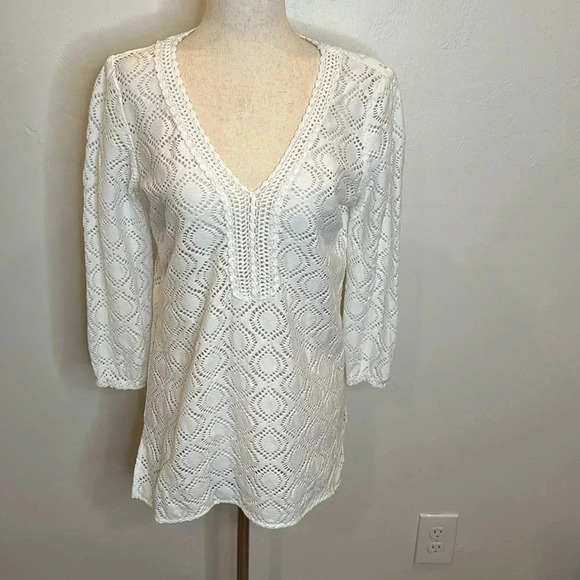 J. McLAUGHLIN WHITE TUNIC TOP LASERCUT LACE CROCHET TRIM 3/4 SLEEVES - Picture 1 of 6